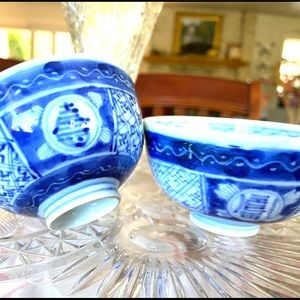 Antique Blue & White Japanese Chawans, 2 Porcelain Tea Bowls. Perfect condition